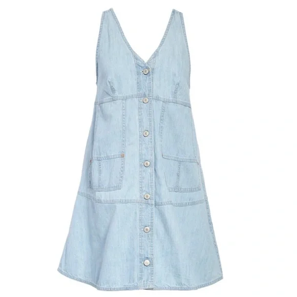FREE PEOPLE Blue Bloom Pocket Full of Sunshine Denim Button-Up Shift Dress M - Picture 4 of 9